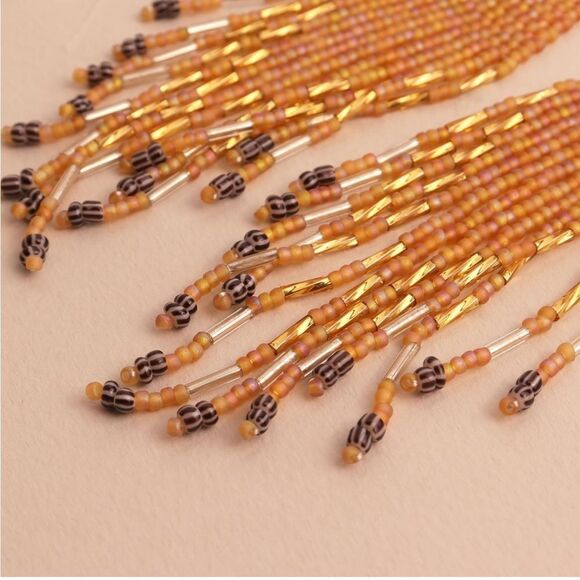 Orange Bohemian Seed Bead Tassel Dangling Statement French Wire Hook Earrings - Picture 4 of 7